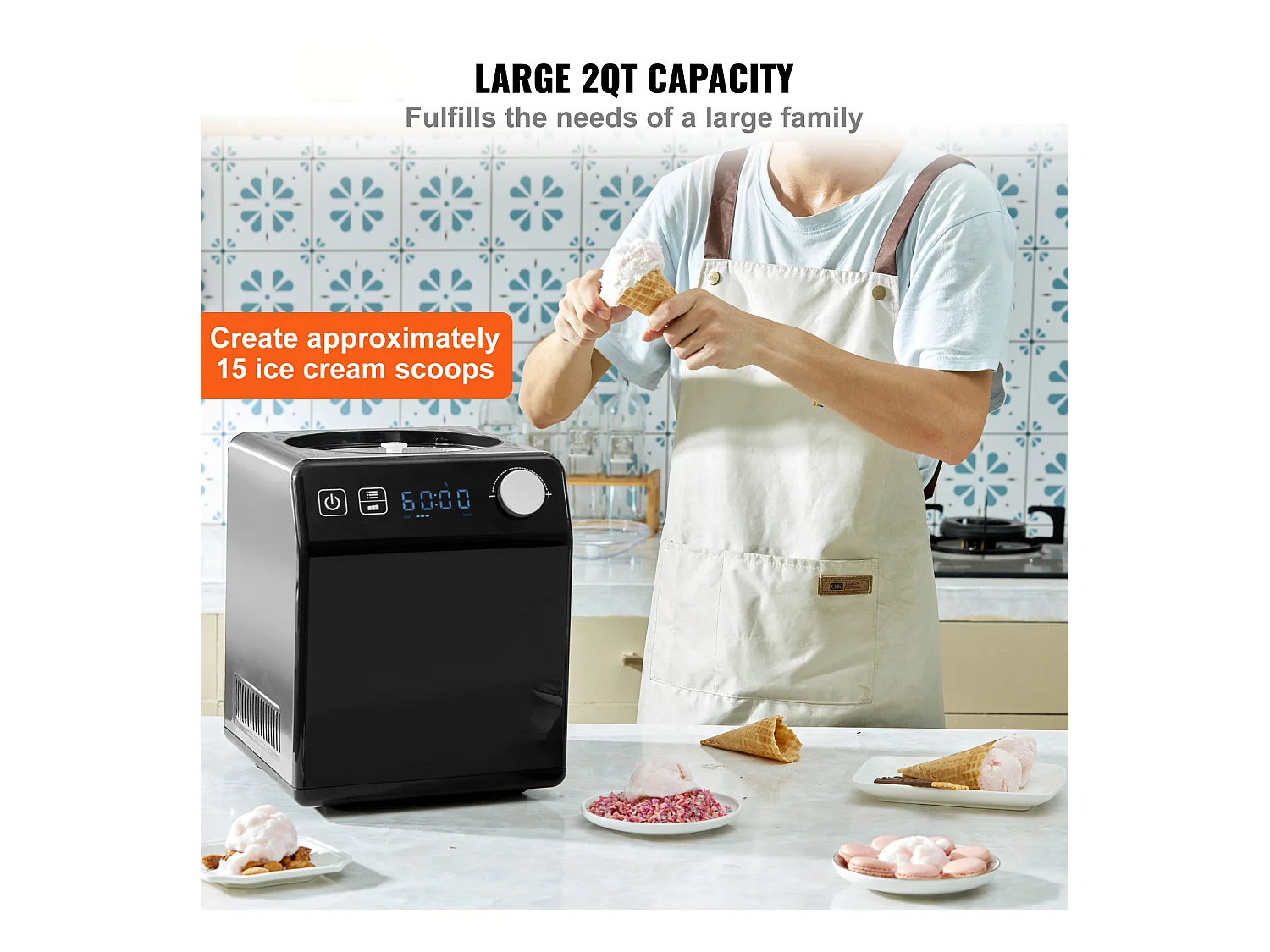 Sorbetière SucceBuy Machine à Crème Glacée Automatique 2L, Machine à Glace Électrique pour Yaourt et Glace, Noir