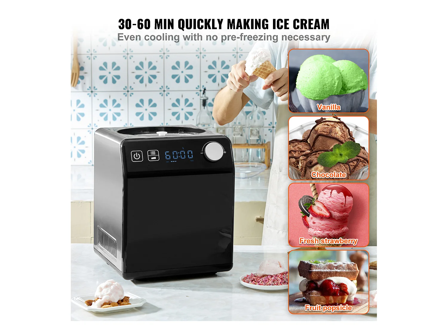 Sorbetière SucceBuy Machine à Crème Glacée Automatique 2L, Machine à Glace Électrique pour Yaourt et Glace, Noir