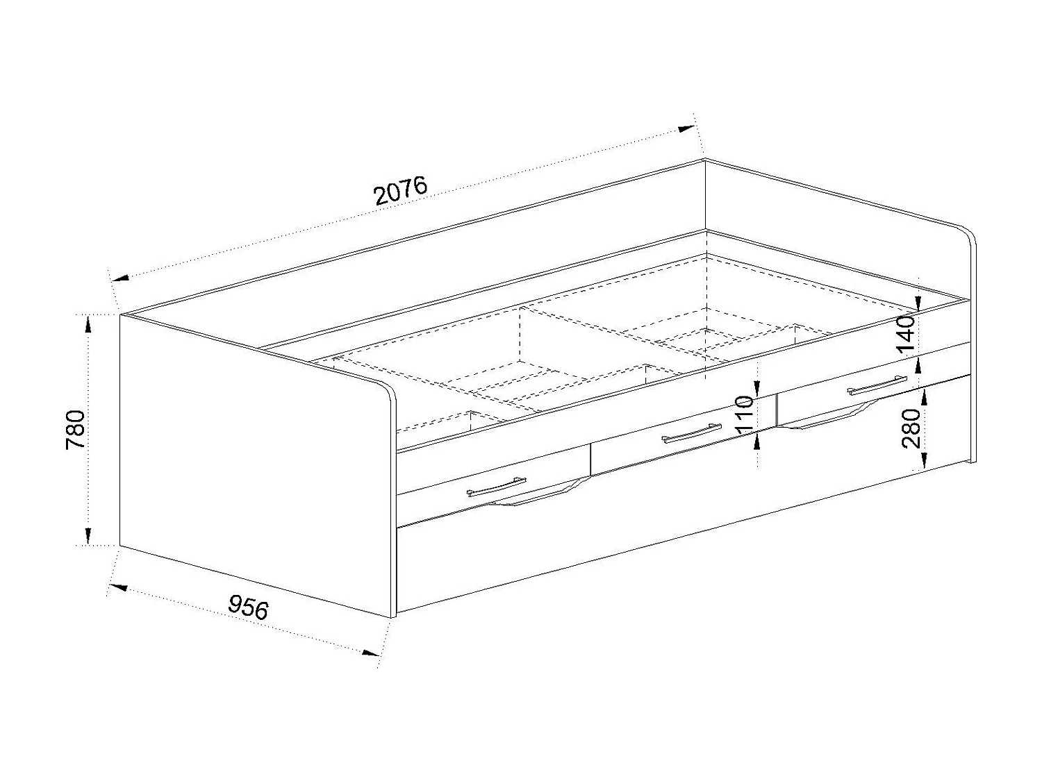 Letto singolo moderno con tre cassetti e un cassettone per camera da letto 90x200 legno bianco e giallo LI26