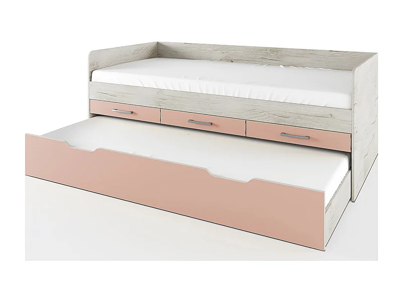 Letto singolo moderno con tre cassetti e un cassettone per camera da letto 90x200 legno bianco e rosa LI26