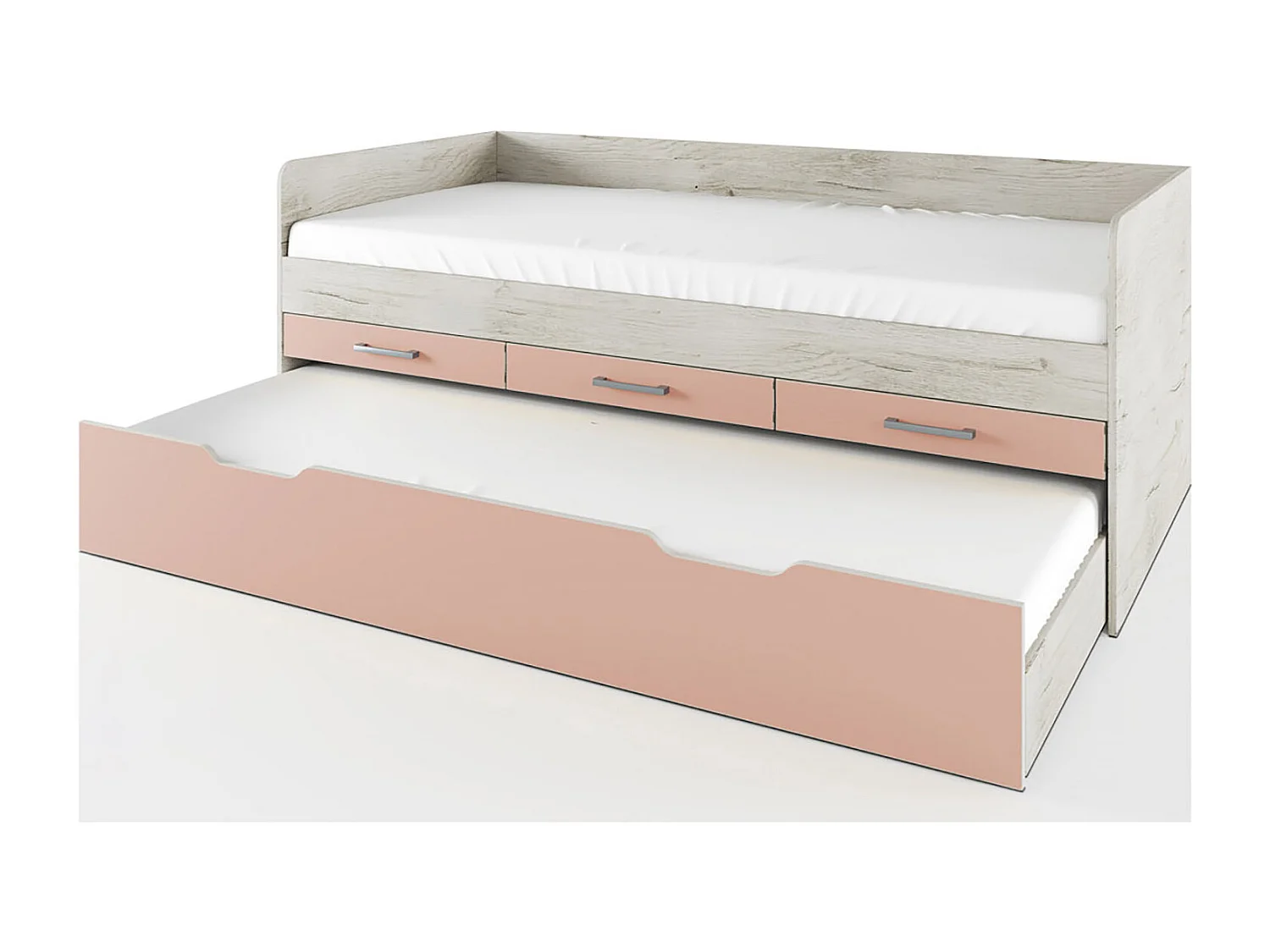 Letto singolo moderno con tre cassetti e un cassettone per camera da letto 90x200 legno bianco e rosa LI26
