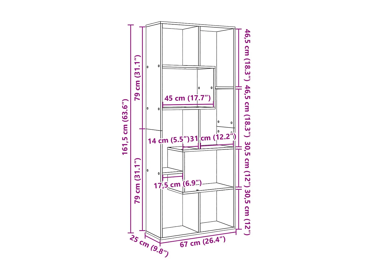 Kamerscherm / boekenkast 67x25x161,5 cm bewerkt hout zwart
