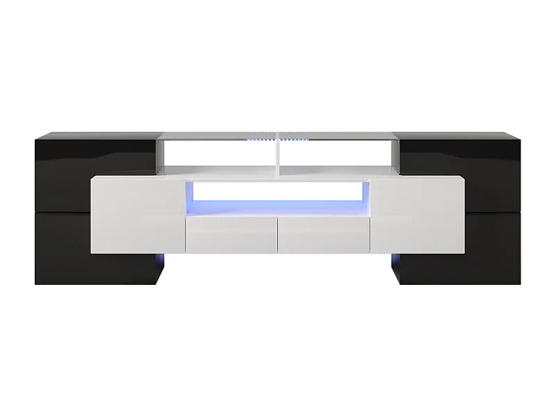 Meuble TV élégant, panneau bas. Meuble de salon à éclairage LED blanc et noir brillant de 200 cm