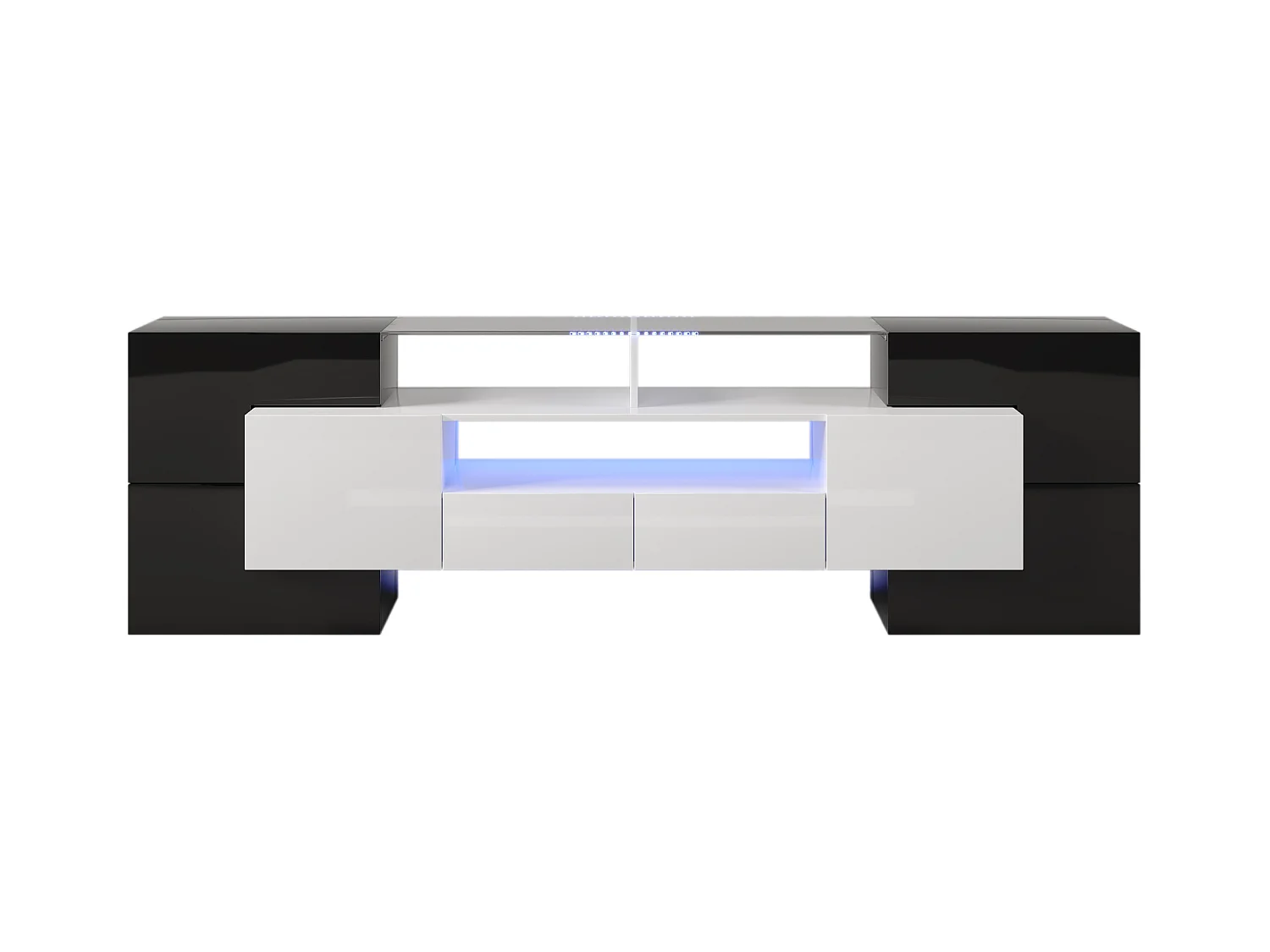 Meuble TV élégant, panneau bas. Meuble de salon à éclairage LED blanc et noir brillant de 200 cm