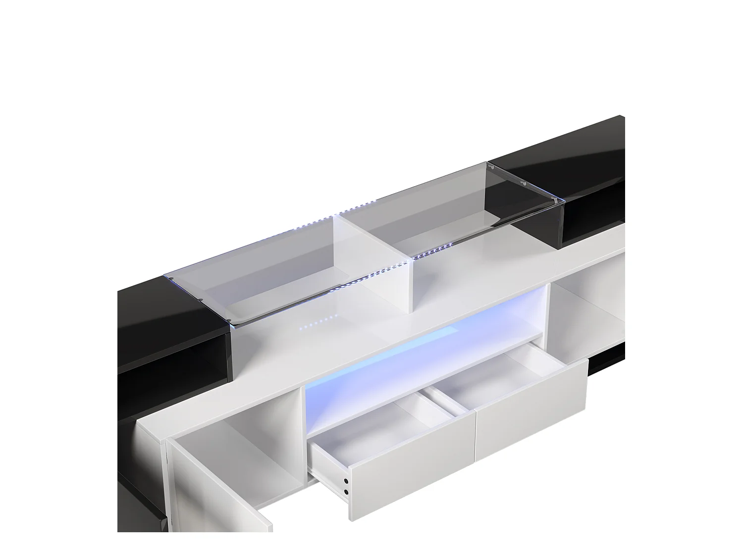 Meuble TV élégant, panneau bas. Meuble de salon à éclairage LED blanc et noir brillant de 200 cm