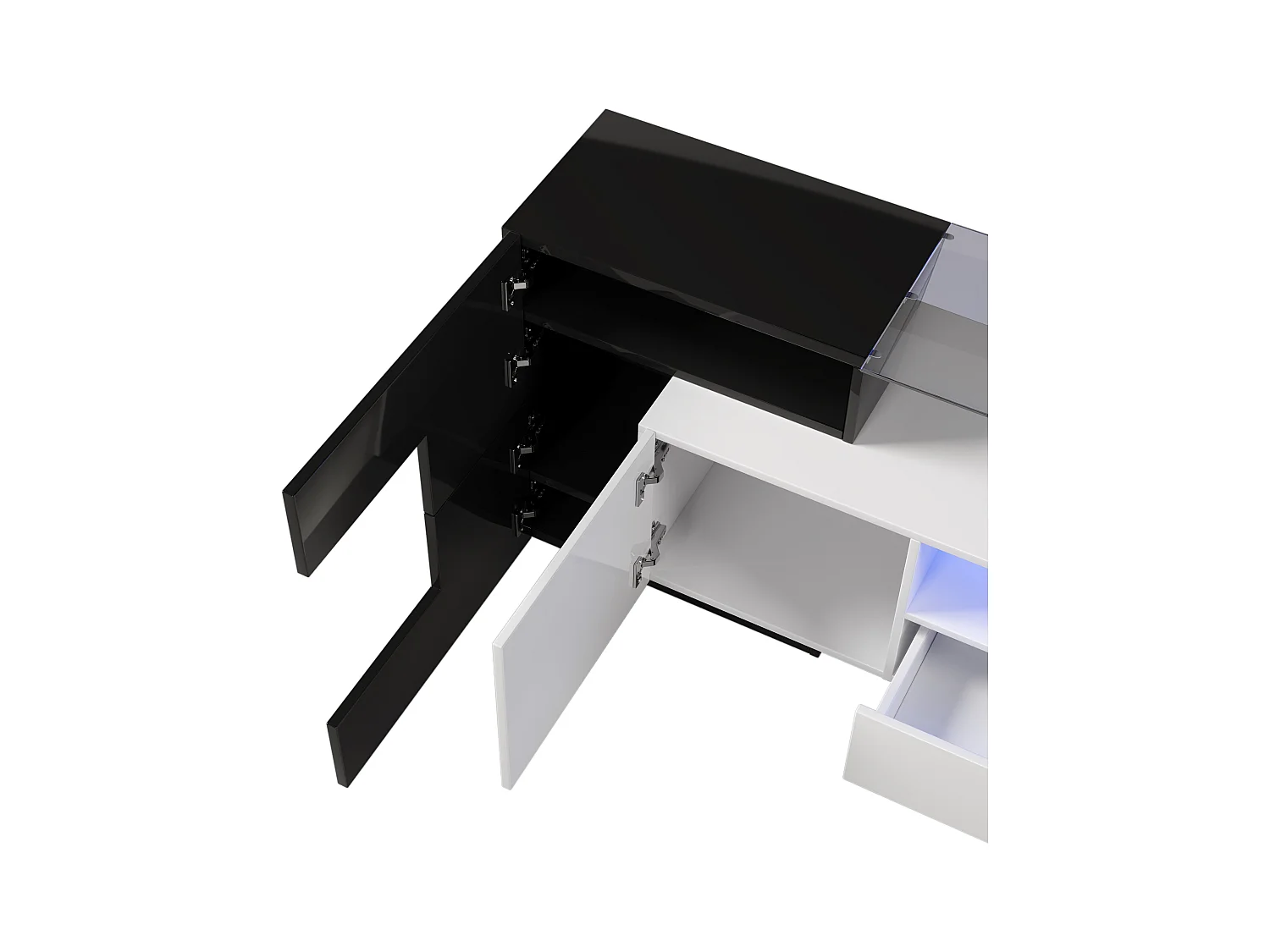 Meuble TV élégant, panneau bas. Meuble de salon à éclairage LED blanc et noir brillant de 200 cm