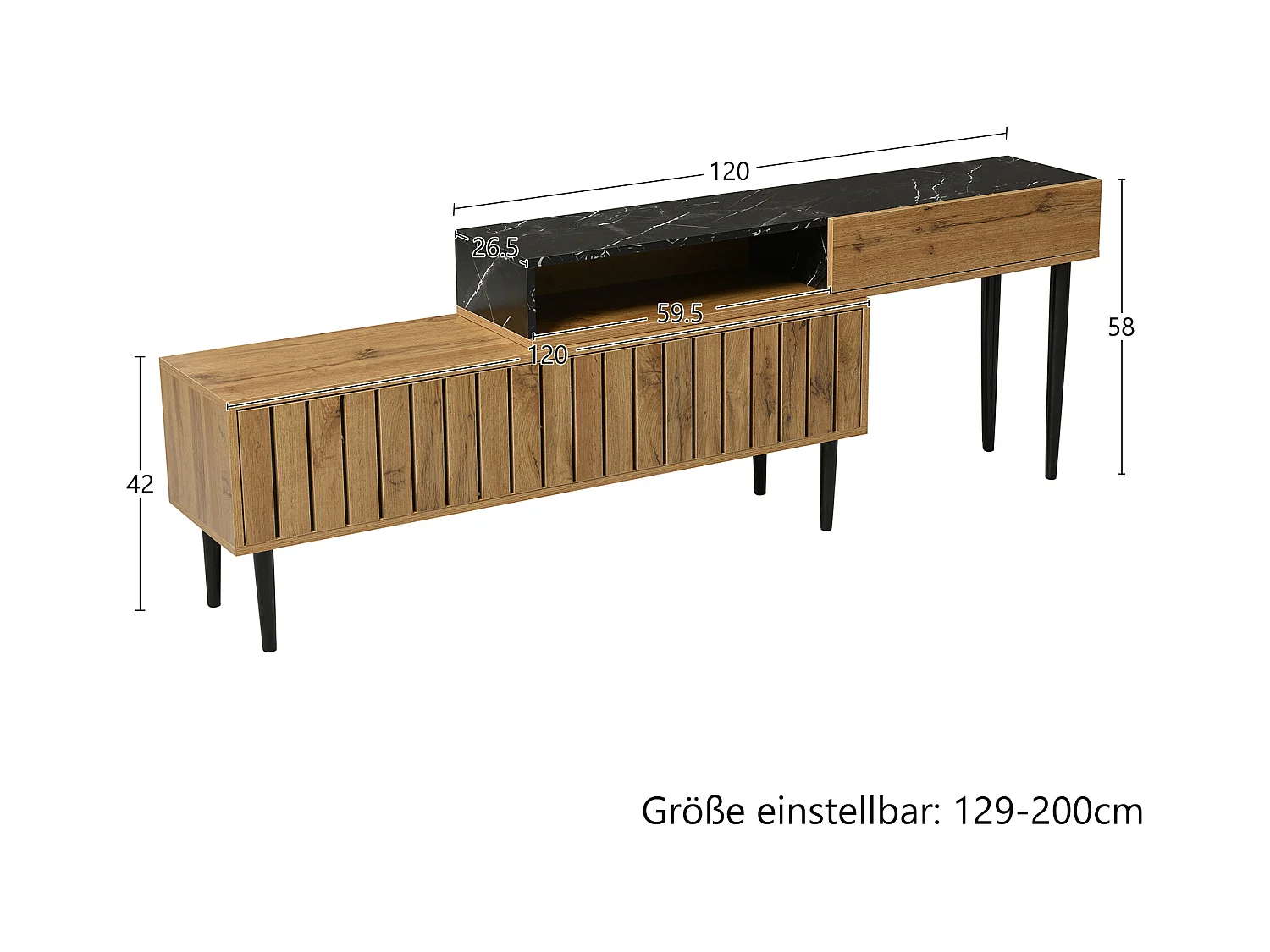 Moderner TV-Ständer mit Marmor- und Holzmaserung, PVC-Kante, Eisenbeinen, dunkle Holzfarbe