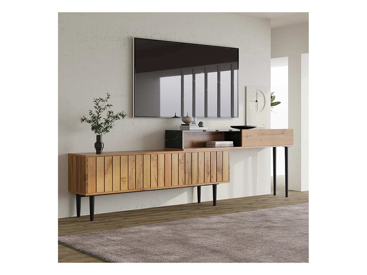 Moderner TV-Ständer mit Marmor- und Holzmaserung, PVC-Kante, Eisenbeinen, dunkle Holzfarbe