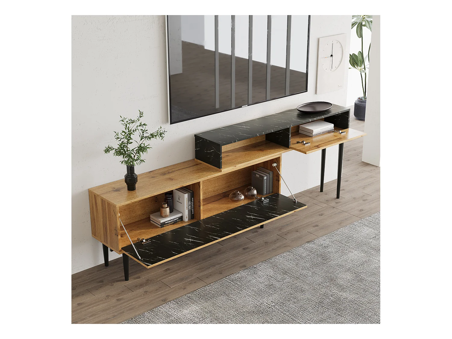 Moderner TV-Ständer mit Marmor- und Holzmaserung, PVC-Kante, Eisenbeinen, dunkle Holzfarbe