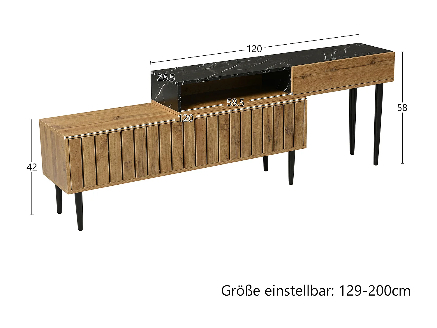 Moderner TV-Ständer mit Marmor- und Holzmaserung, PVC-Kante, Eisenbeinen, dunkle Holzfarbe