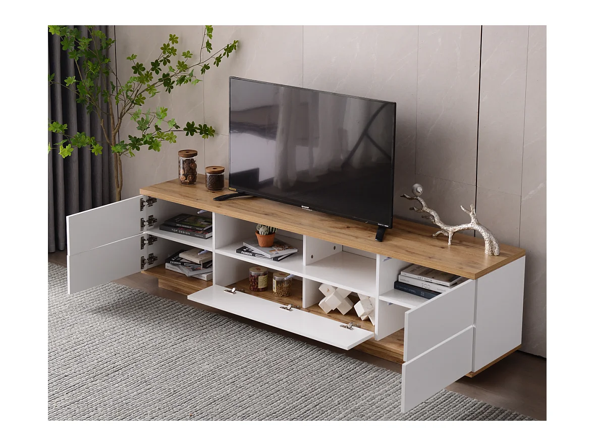 Meuble TV moderne à blocage de couleur, finition brillante, avec grain de bois, 180 cm