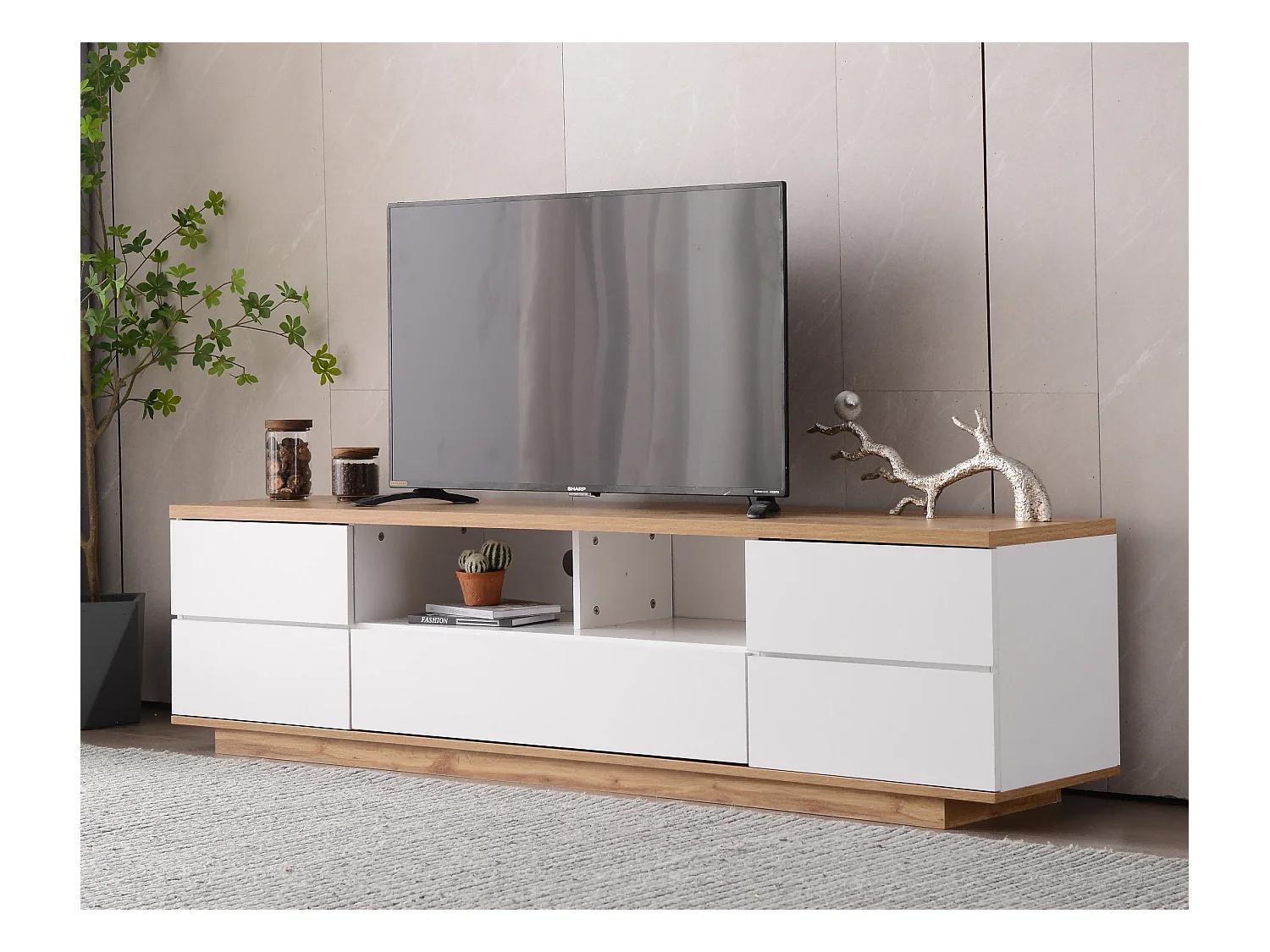 Meuble TV moderne à blocage de couleur, finition brillante, avec grain de bois, 180 cm