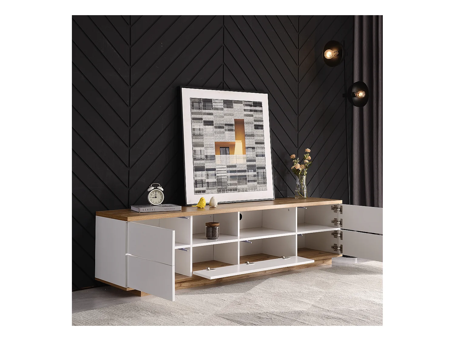 Mueble para TV moderno con bloques de color, acabado brillante, con vetas de madera, 180 cm