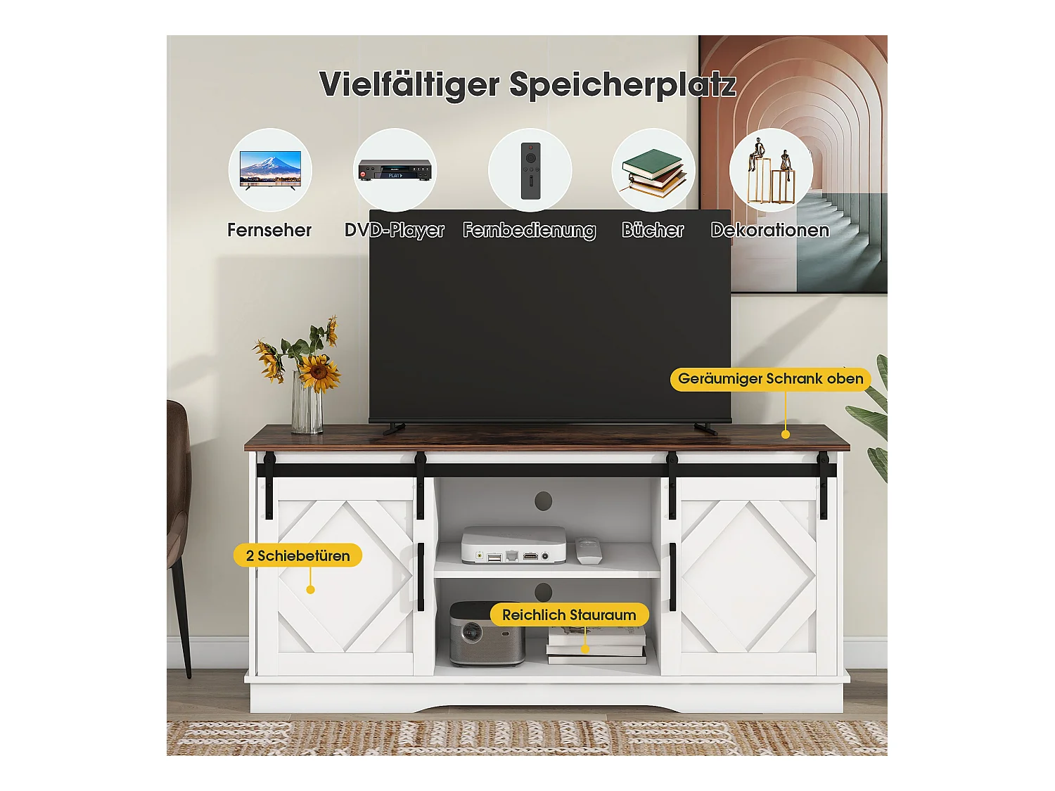 Aparador grande para TV con 2 puertas correderas clásicas y estantes ajustables, 150 x 40 x 60 cm