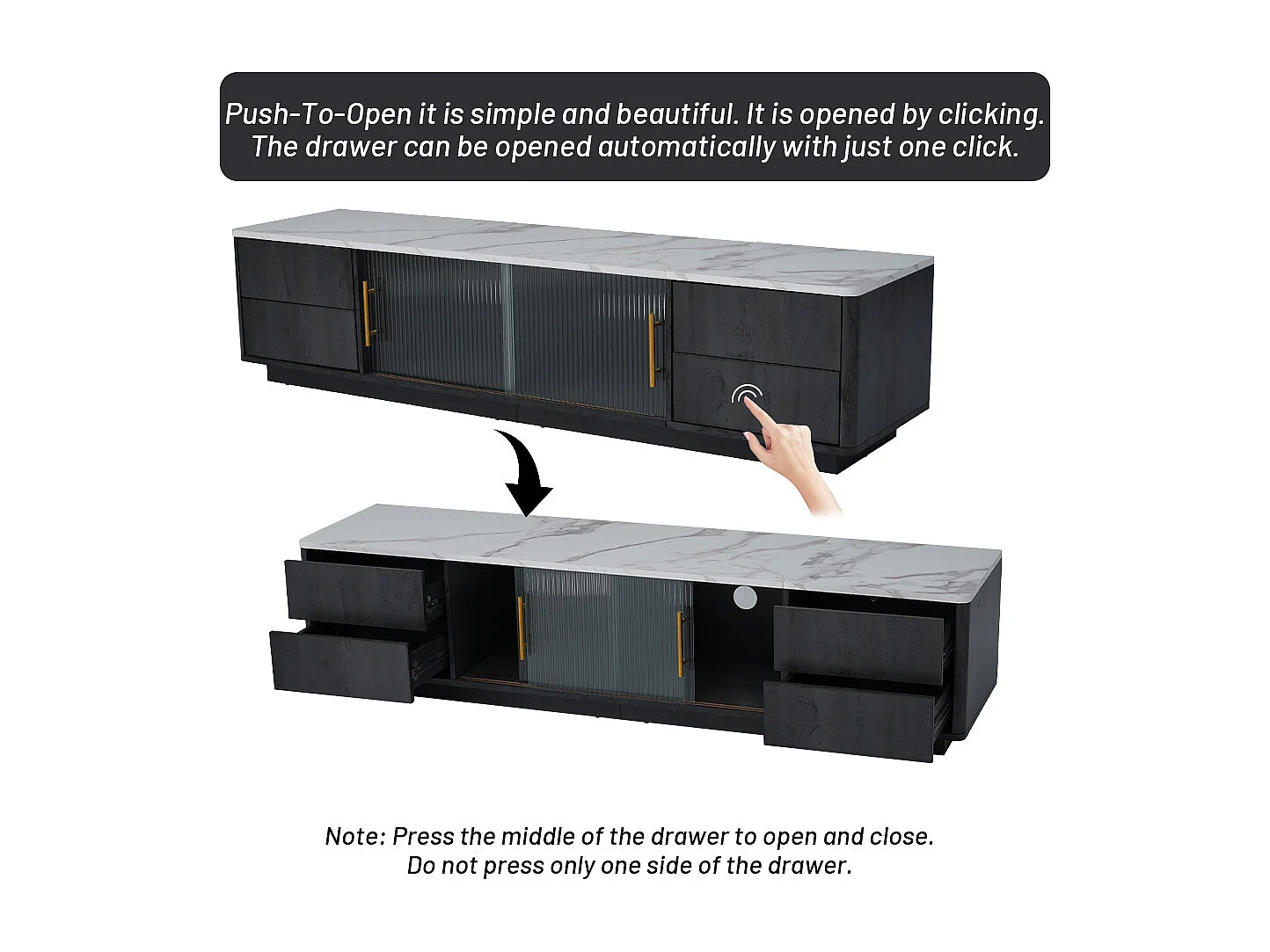 Mueble de TV Deluxe de 160 cm para TV de 70" - Elegante superficie de mármol gris con organizador de cables