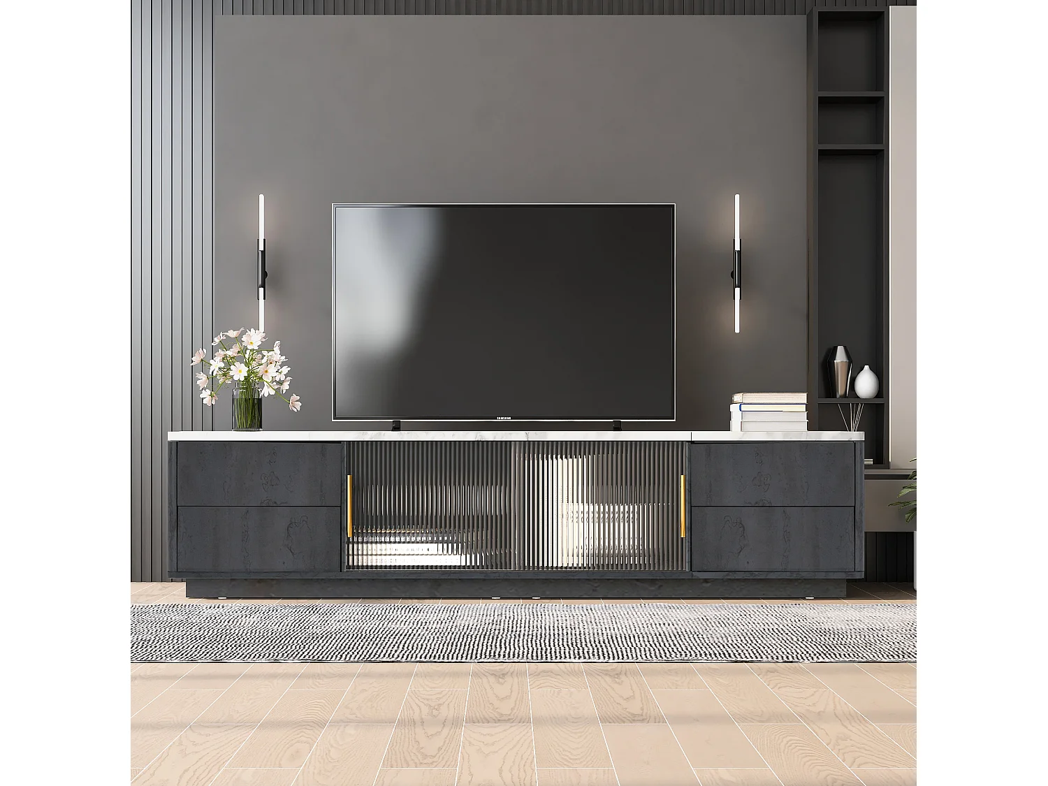 Mueble de TV Deluxe de 160 cm para TV de 70" - Elegante superficie de mármol gris con organizador de cables