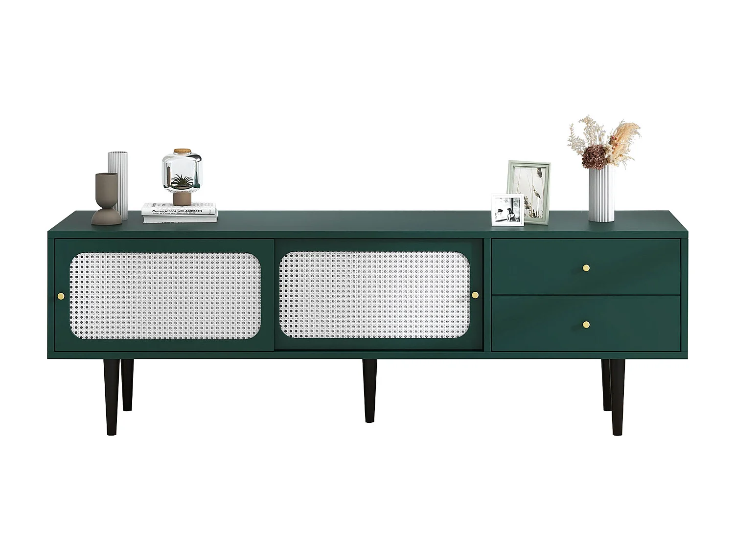 Elegante mobile TV con ante scorrevoli in rattan e pratici cassetti, verde con rattan bianco