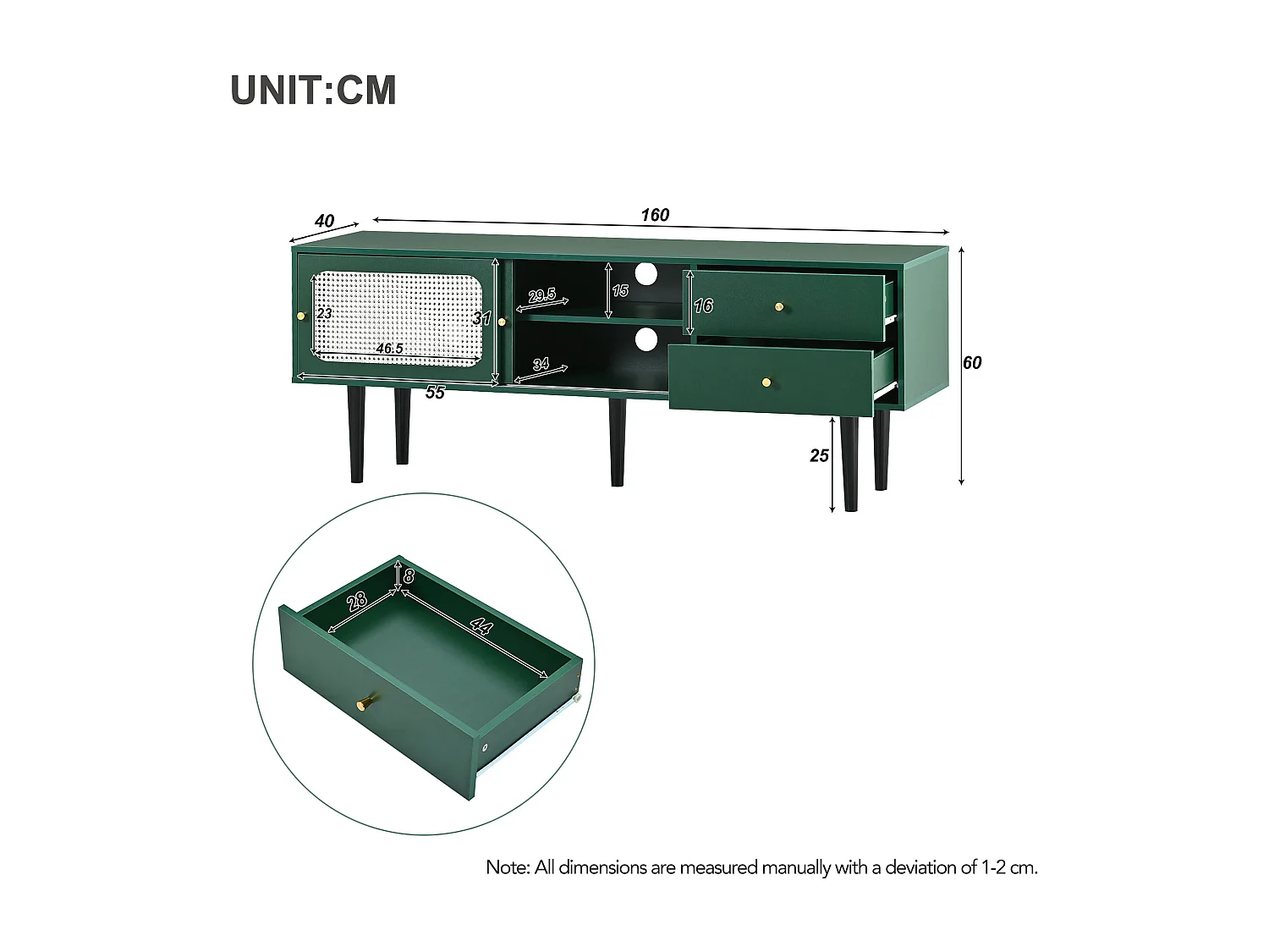 Elegante mobile TV con ante scorrevoli in rattan e pratici cassetti, verde con rattan bianco
