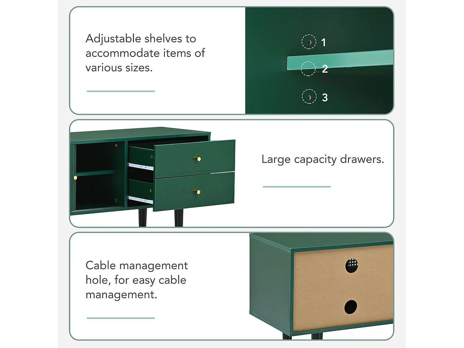 Elegante mobile TV con ante scorrevoli in rattan e pratici cassetti, verde con rattan bianco