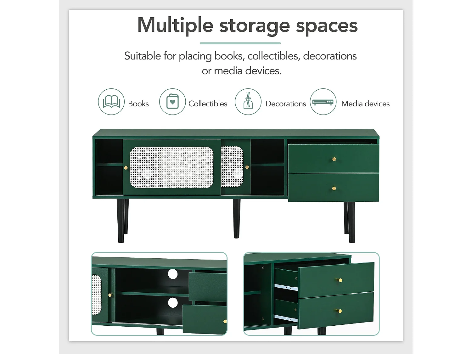 Elegante mobile TV con ante scorrevoli in rattan e pratici cassetti, verde con rattan bianco