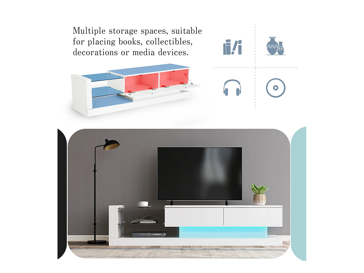 Elegante tv-meubel in hoogglans wit - 1,4 meter lang, 16-kleurige ledverlichting, 60 inch tv-oppervlak