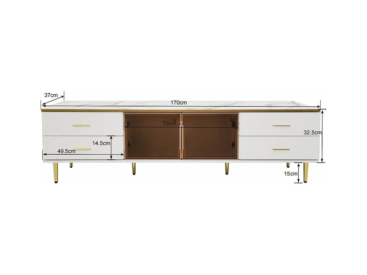 Meuble TV aspect marbre, 4 tiroirs structurés avec poignées dorées 170*37*47,5cm