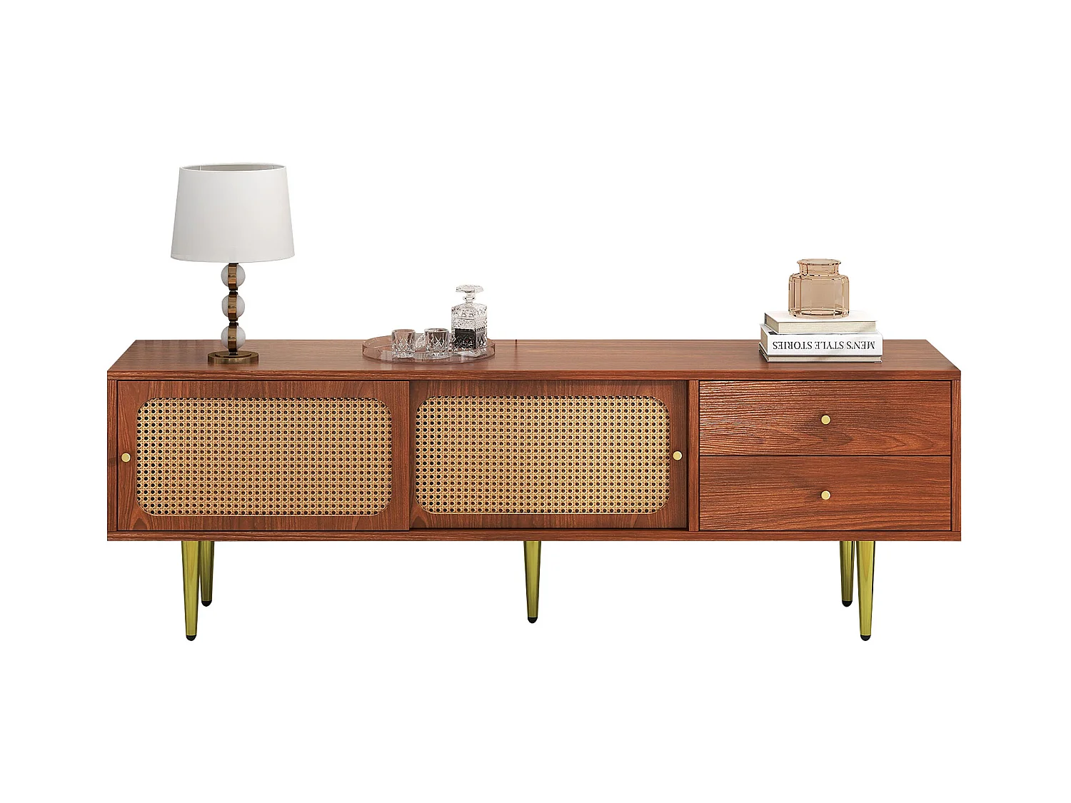 Meuble TV élégant avec portes coulissantes en rotin et tiroirs pratiques 160*40*60cm