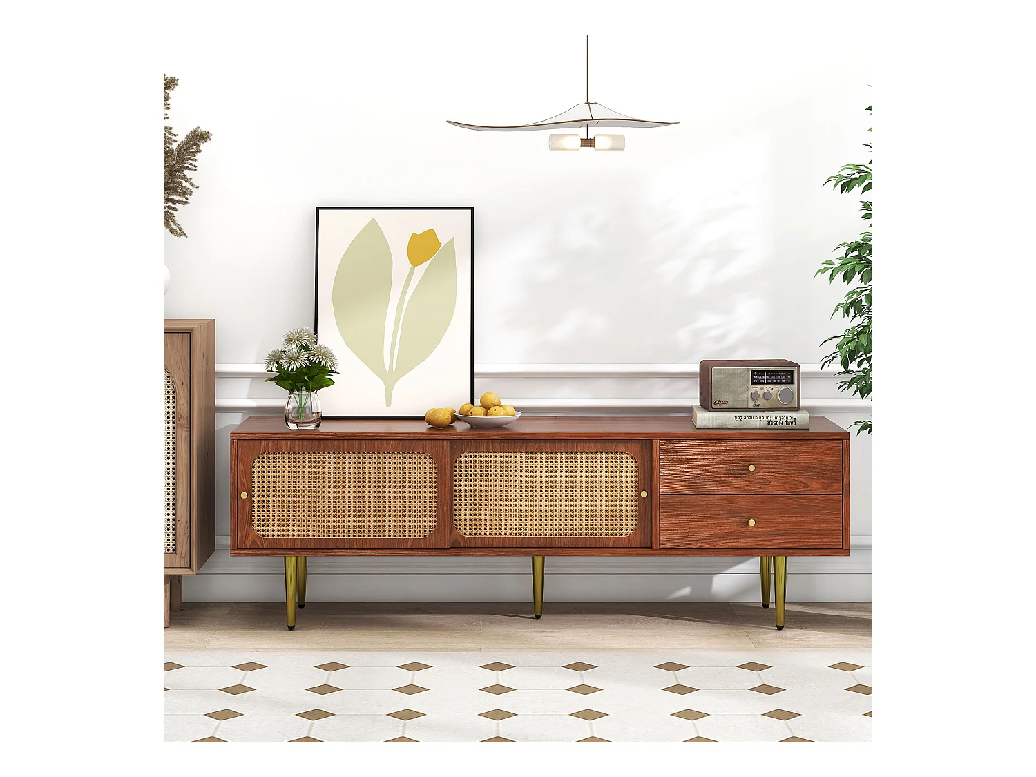 Meuble TV élégant avec portes coulissantes en rotin et tiroirs pratiques 160*40*60cm