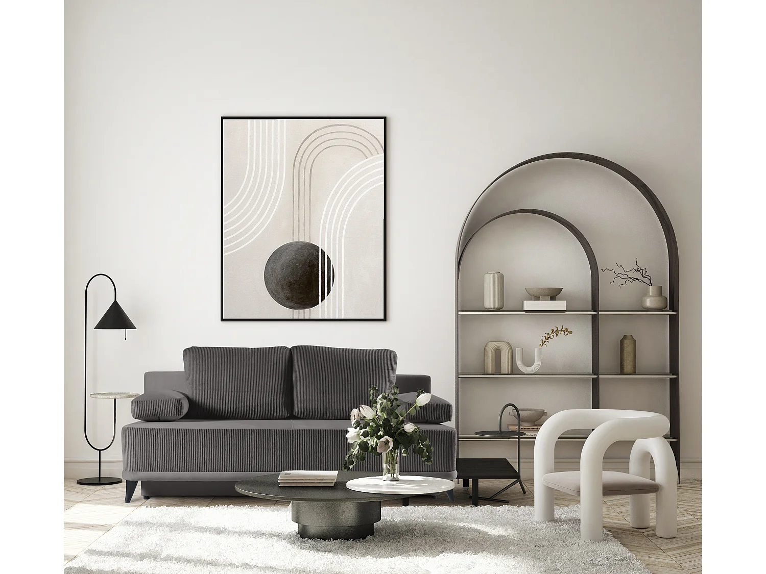 Canapé convertible Skont - velours - 3 places - gris foncé