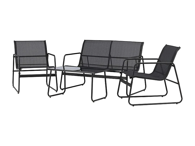 Set da salotto Scopello composto da 1 divano, 2 poltrone, 1 tavolino nero.