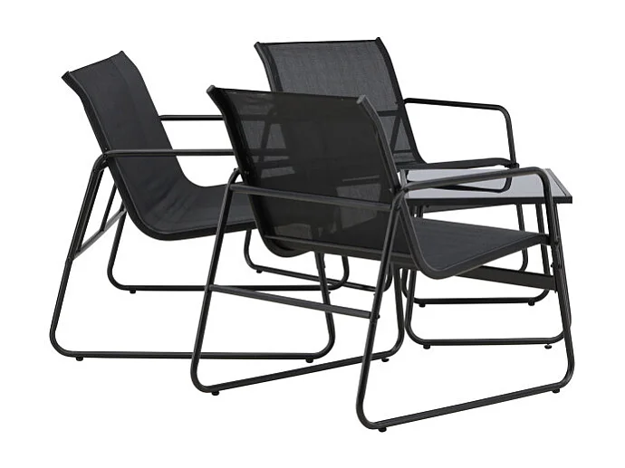 Set da salotto Scopello composto da 1 divano, 2 poltrone, 1 tavolino nero.