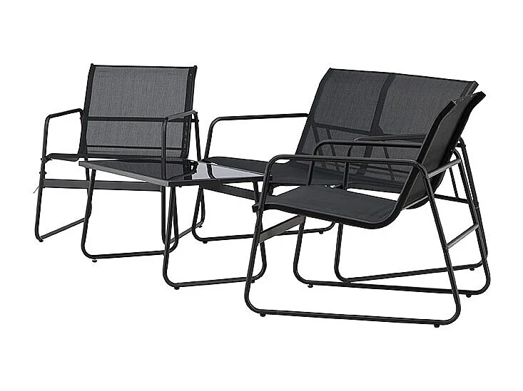 Scopellosalon 1 canapé, 2 fauteuils, 1 table basse noire.