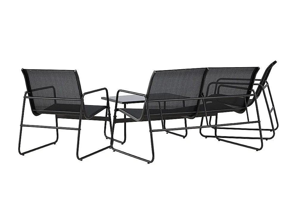 Scopellosalon 1 canapé, 2 fauteuils, 1 table basse noire.