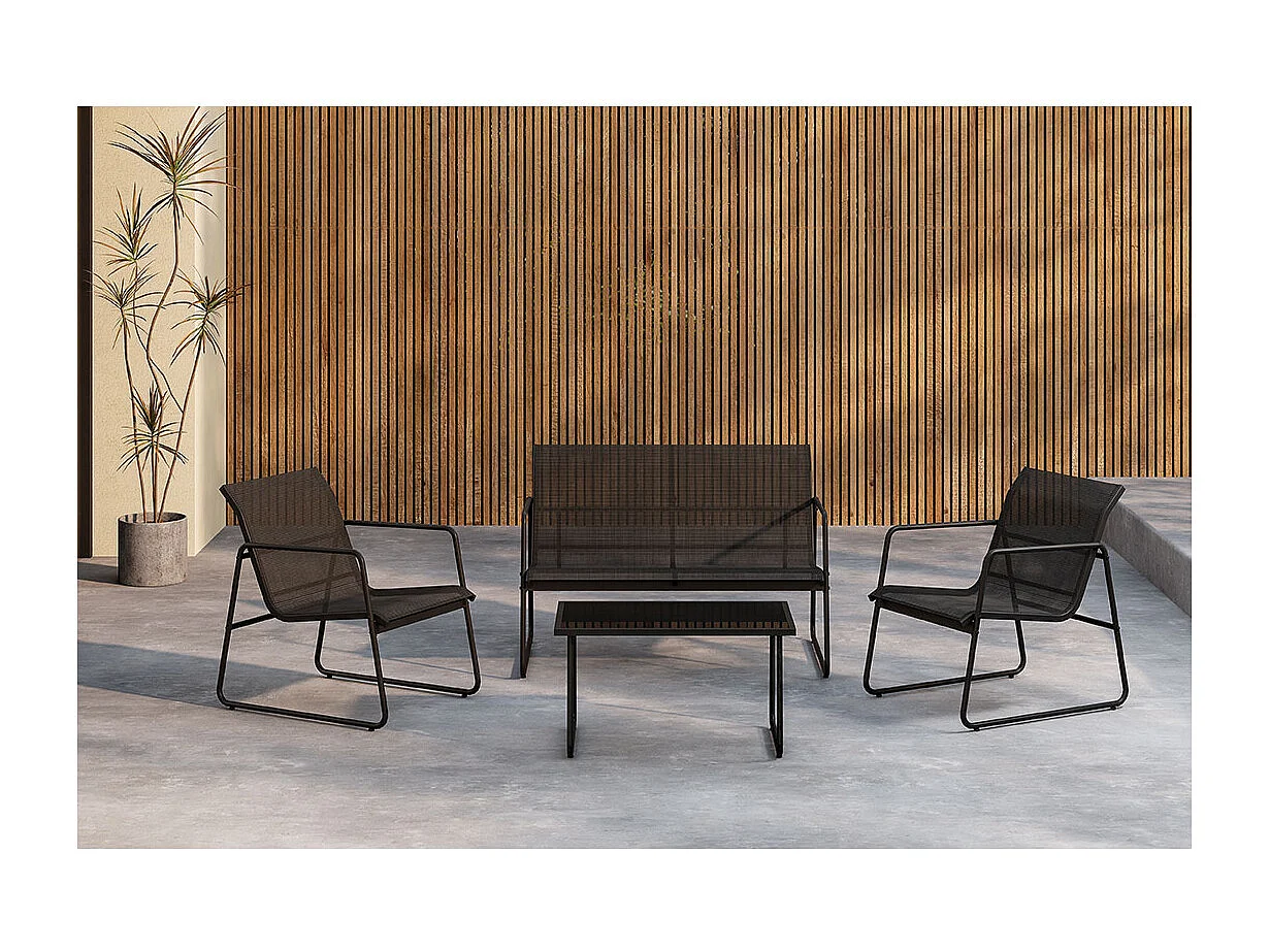 Scopellosalon 1 canapé, 2 fauteuils, 1 table basse noire.