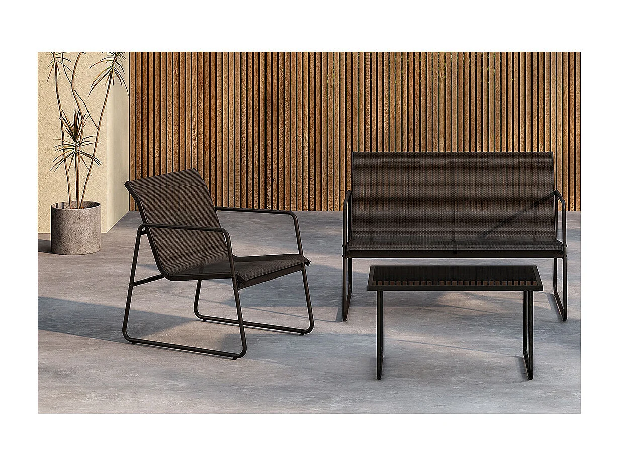 Scopellosalon 1 canapé, 2 fauteuils, 1 table basse noire.