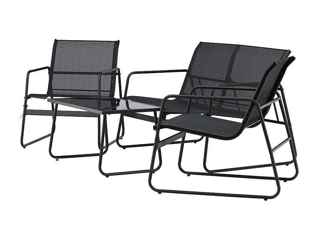 Scopellosalon 1 canapé, 2 fauteuils, 1 table basse noire.