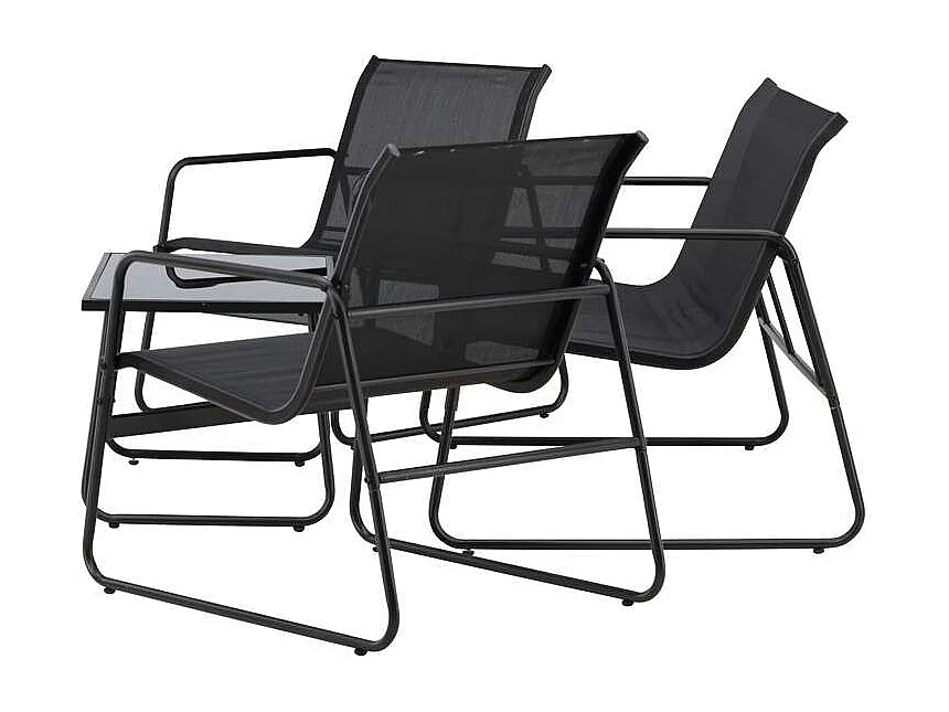 Scopellosalon 1 canapé, 2 fauteuils, 1 table basse noire.