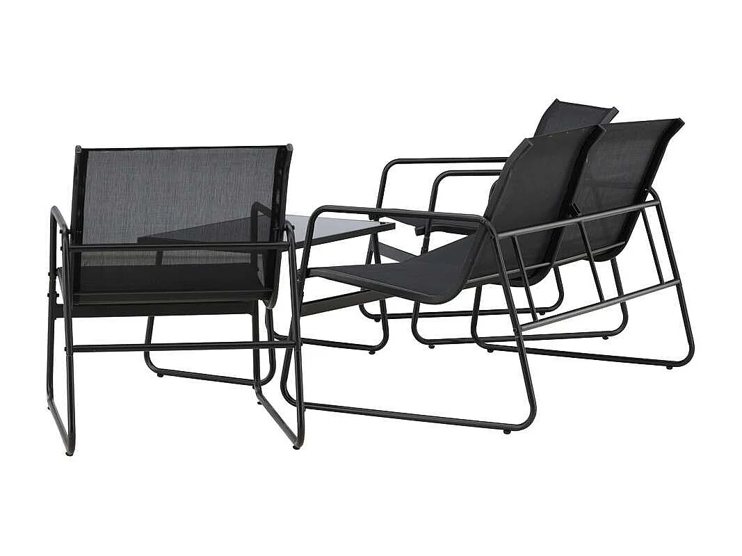 Scopellosalon 1 canapé, 2 fauteuils, 1 table basse noire.