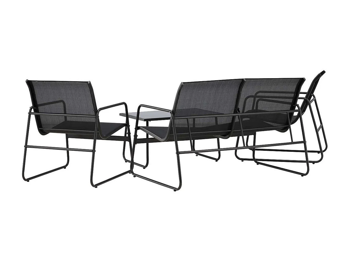 Scopellosalon 1 canapé, 2 fauteuils, 1 table basse noire.