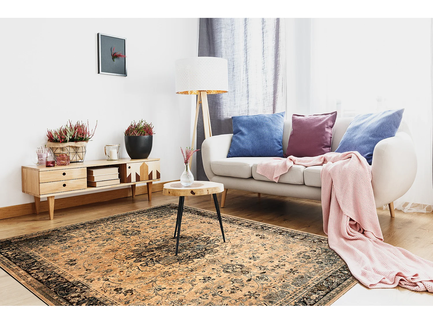 Tapis en laine POLONIA KORDOBA25 Rosette, cadre sépia 200x300 cm