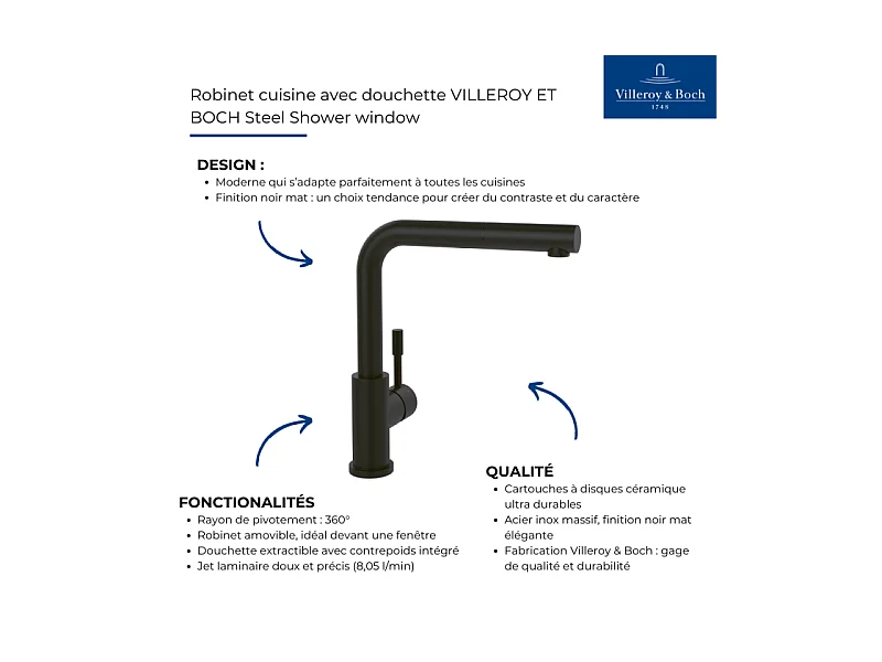 Robinet cuisine avec douchette VILLEROY ET BOCH Steel Shower window noir mat