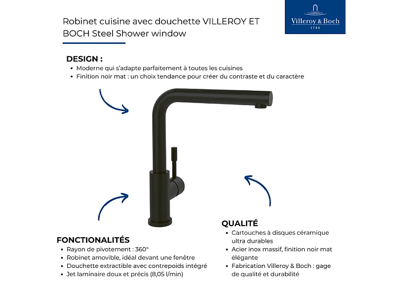 Robinet cuisine avec douchette VILLEROY ET BOCH Steel Shower window noir mat