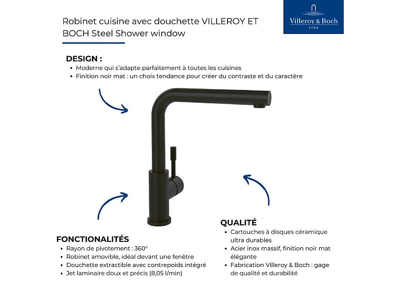 Robinet cuisine avec douchette VILLEROY ET BOCH Steel Shower window noir mat