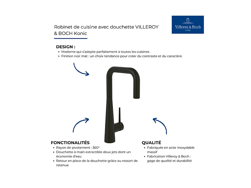 Robinet de cuisine avec douchette VILLEROY & BOCH Konic noir mat