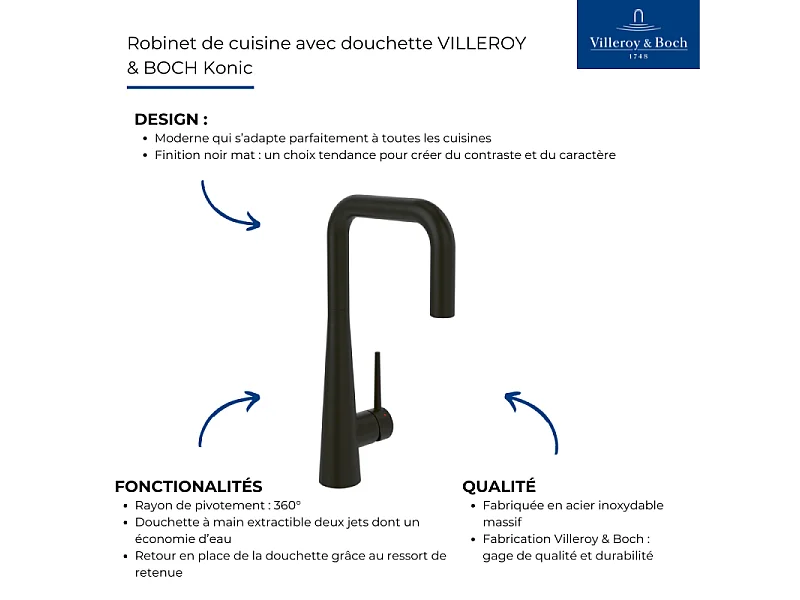 Robinet de cuisine avec douchette VILLEROY & BOCH Konic noir mat