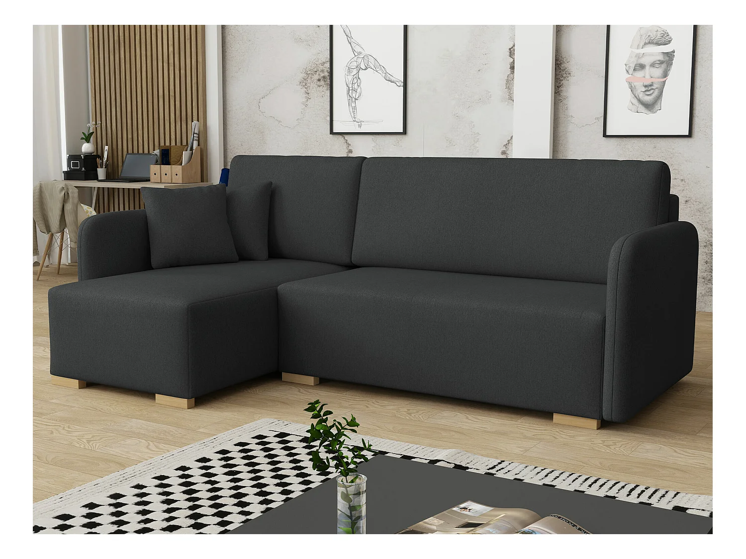 Sofá de canto Columbus 245, Preto, Funcionalidade de dormir, 22x14x9cm