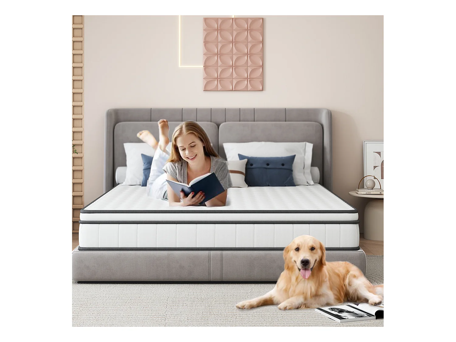 Matelas à ressorts ensachés indépendants à trois côtés 140*190*25CM, blanc + bord gris