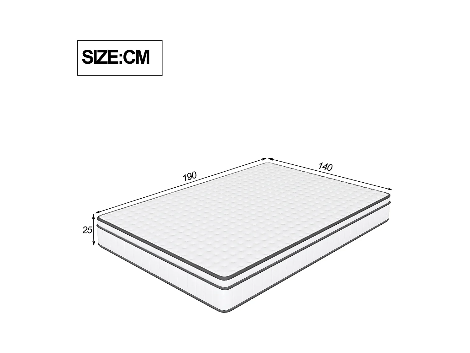 Matelas à ressorts ensachés indépendants à trois côtés 140*190*25CM, blanc + bord gris