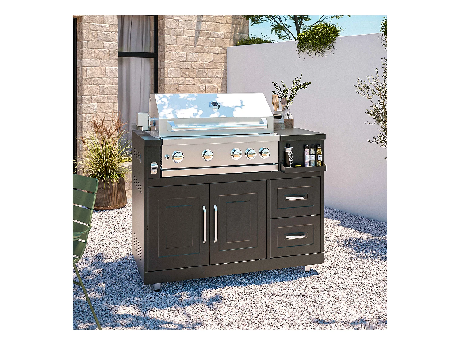 Cuisine extérieure en métal avec évier, barbecue et rangement