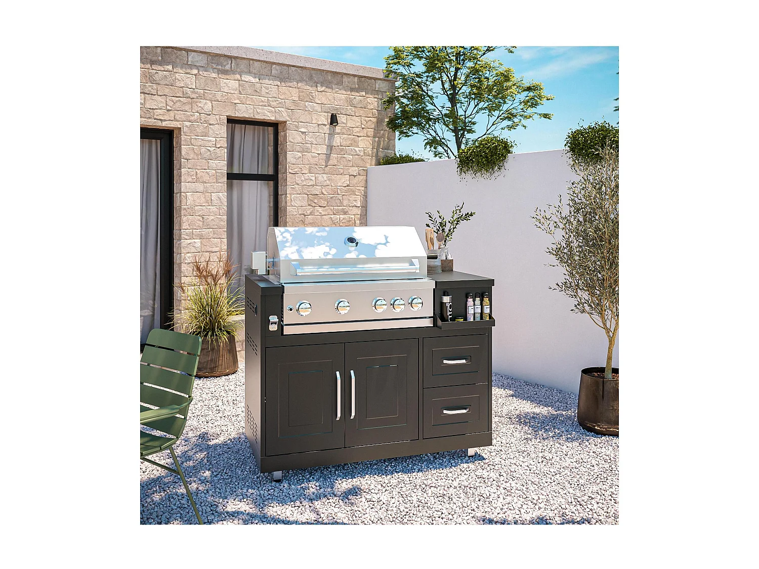 Cuisine extérieure en métal avec évier, barbecue et rangement